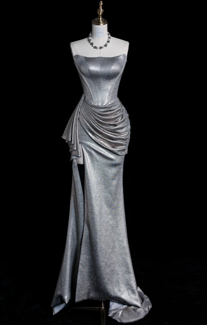 Chic Silver Prom Dress Strapless Satin Evening Dress Sheath Birthday Dress DP05177
