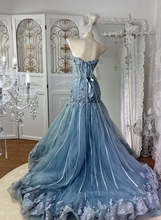 Chic Gray Blue Prom Dress Tulle  Sweetheart Evening Dress Sheath Birthday Dress DP05178