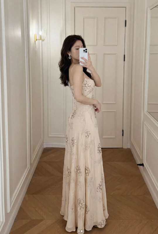 Chic Champagne Prom Dress Chiffon Beaded  Evening Dress Sheath Birthday Dress DP05182