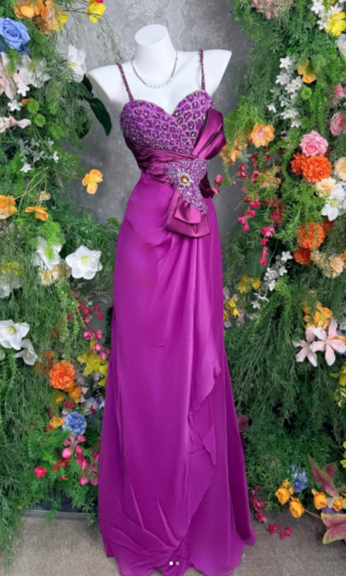 Chic Purple Prom Dress Satin Beaded Spaghetti Straps Evening Dress Sheath Birthday Dress DP05185