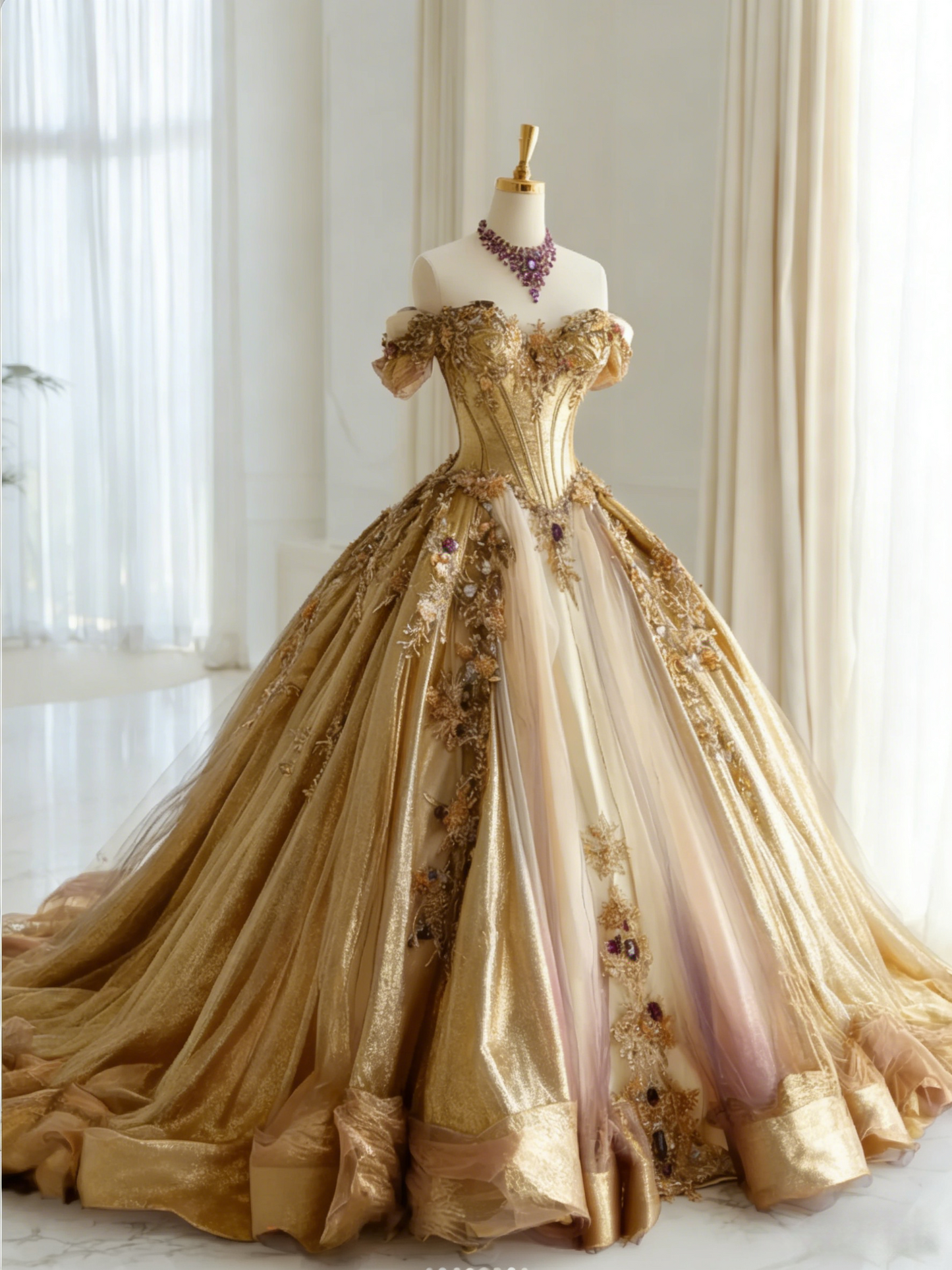 Chic Gold Prom Dress Tulle Off-shoulder Evening Dress A-Line Birthday Dress DP05193