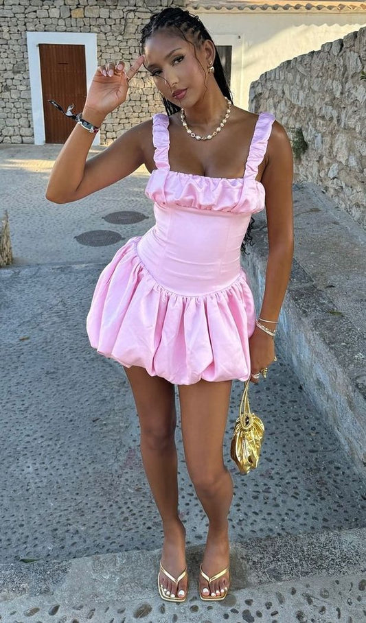Sexy A Line Square Neckline Pink Satin Short Summer Birthday Dress Hoco Dress Birthday Outfit 18th Birthday Mini Party Dresses DP1158