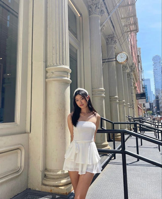Pretty A line Strapless White Chiffon Sleeveless Summer Birthday Dress Hoco Dress Birthday Outfit 19th Birthday Mini Cocktail Dresses DP1142