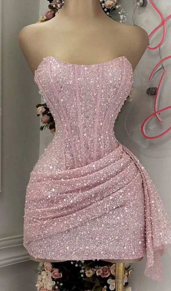 Sexy Sheath Strapless Sequin Short Summer 20th Birthday Dress Hoco Dress Birthday Outfit 18th Birthday Mini Party Dresses DP1175