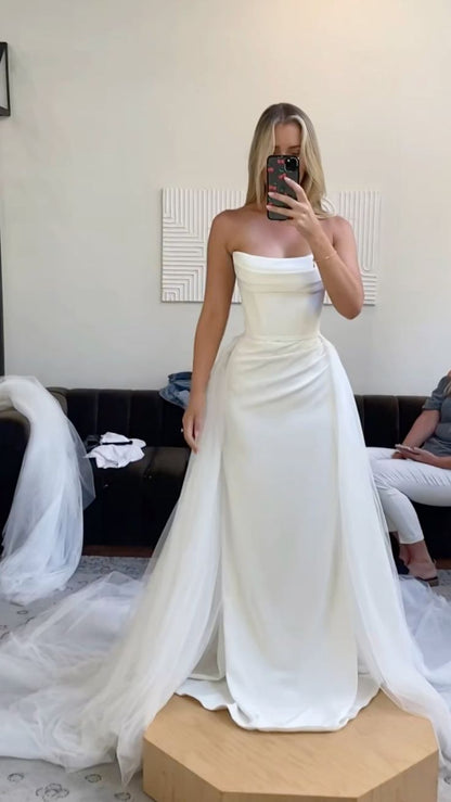 Vintage Bridal Gown Sheath Strapless White Satin Long Wedding Dresses Minimalist Bridal Gowns DP1213