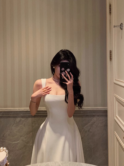 Elegant A line Square White Sleeveless 21st Birthday Dress Party Gown Birthday Outfits Birthday Dress Ideas For Women DP1303