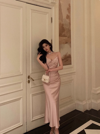 Elegant Sheath Spaghetti Straps Pink Satin Sleeveless 23rd Birthday Dress Party Gown Birthday Outfits Birthday Dress Ideas For Women DP1421