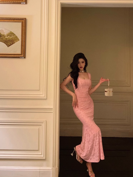 Elegant Mermaid Square Pink Lace 21st Birthday Dress Party Gown Birthday Outfits Birthday Dress Ideas For Women DP1445
