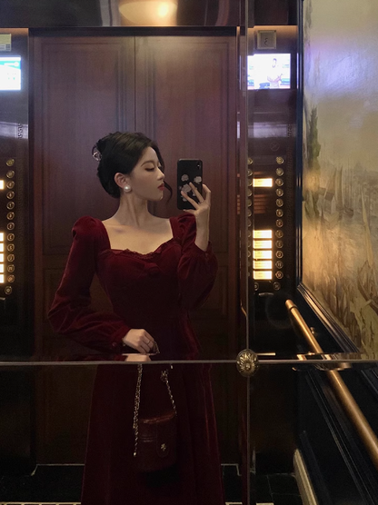 Elegant A Line Square Long Sleeves Burgundy 23rd Birthday Dress Party Gown Birthday Outfits Birthday Dress Ideas For Women DP1470