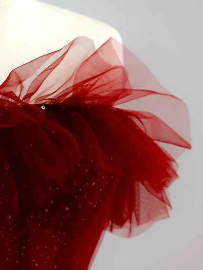 Elegant Glamour Ball Gown Off The Shoulder Short Sleeves Burgundy Tulle Prom Dress Party Dress Evening Dresses DP1508