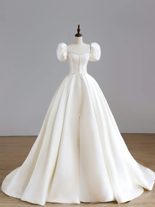 Simple Bridal Gown Ball Gown Short Sleeves Satin White Wedding Dresses Minimalist Bridal Gowns DP1548