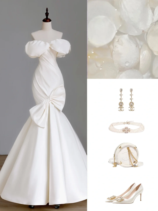 Simple Bridal Gown Mermaid Off The Shoulder Satin Short Sleeves White Wedding Dresses Minimalist Bridal Gowns DP1549