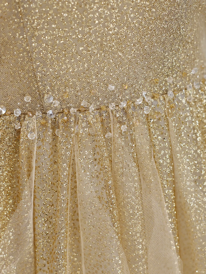 Elegant Glamour Ball Gown Spaghetti Straps Tulle Gold Long Prom Dress Party Dress Evening Dresses DP1550