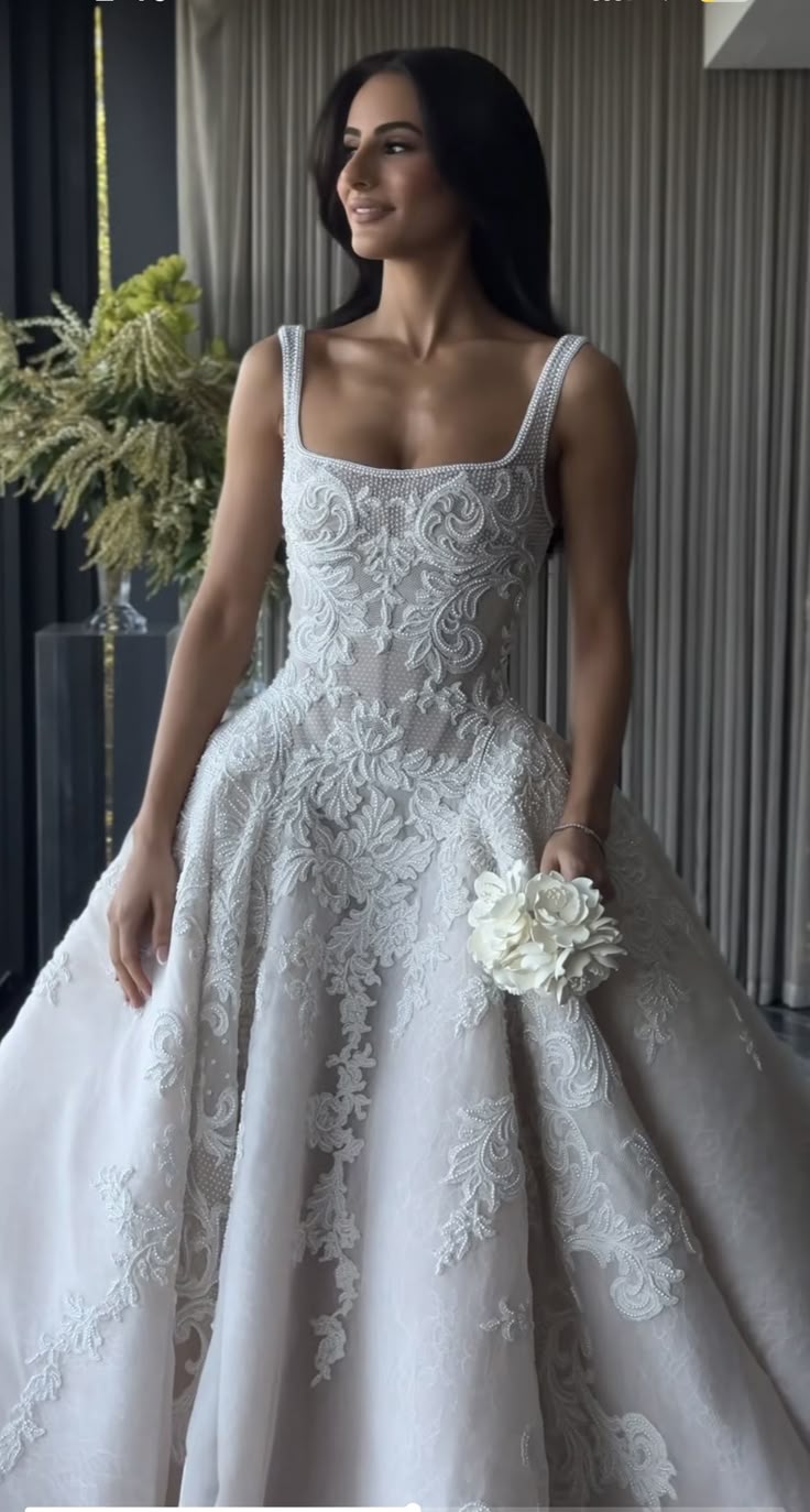 Pretty Wedding Dress Ball Gown Square Neck Lace White Wedding Dresses Bridal Gowns DP1612