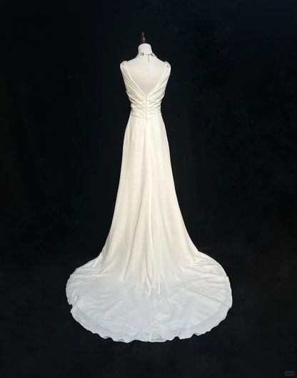 Classic Bridal Gown A line V Neck Chiffon Beads White Wedding Dresses Minimalist Bridal Gowns DP1687