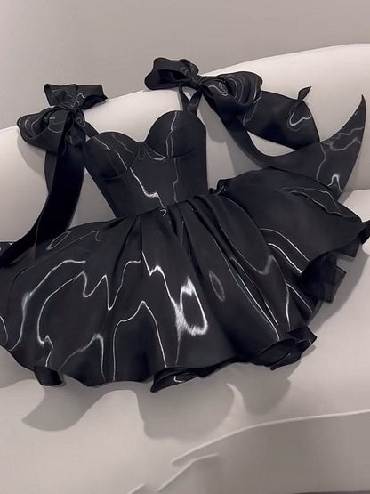 Cute A line Black Straps Summer Homecoming Dress Satin Hoco Dress Mini 18th Birthday Outfit Cocktail Dresses DP1760