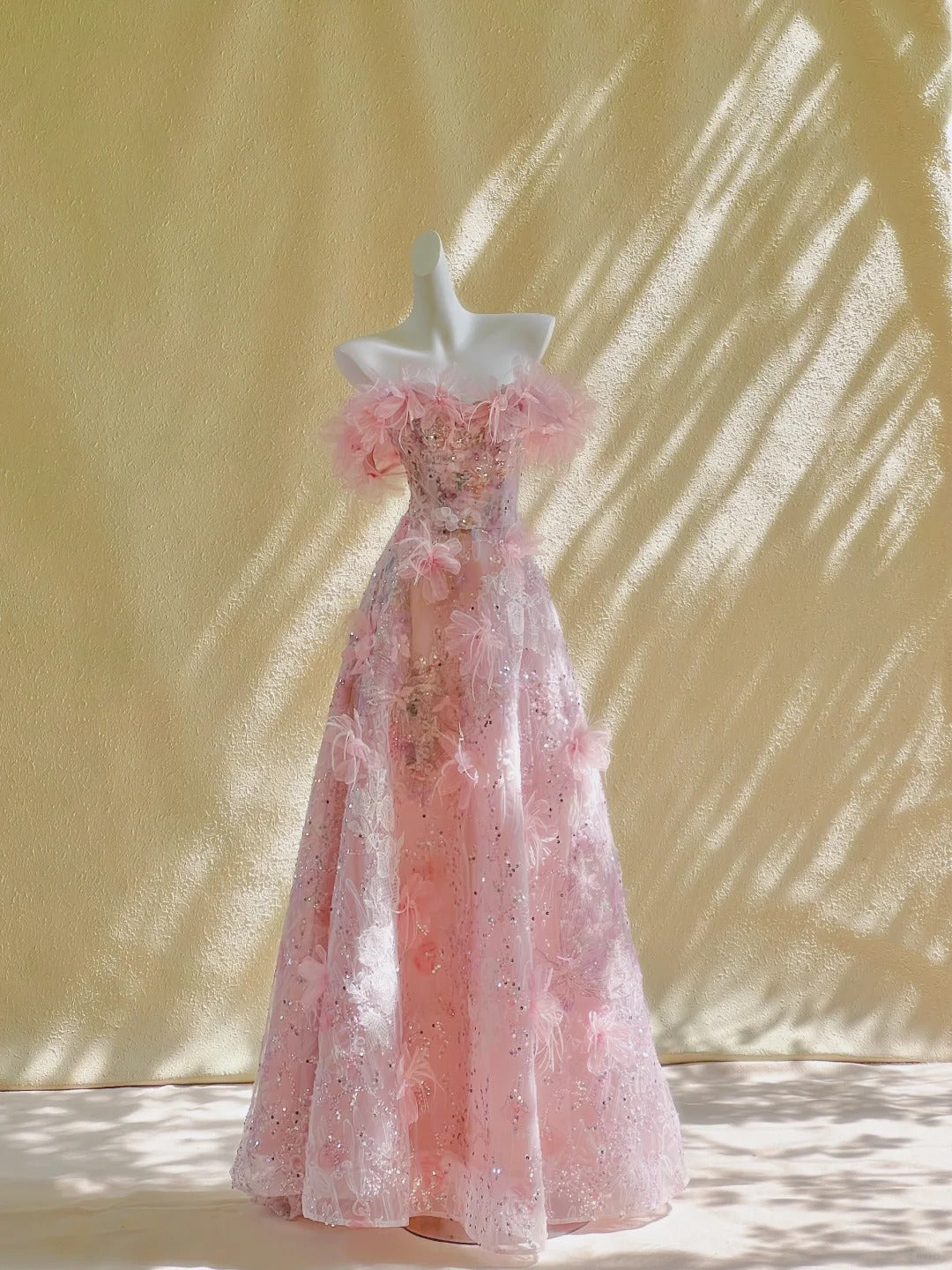 Beautiful A line Straps Sleeveless Pink Tulle Long Prom Dresses Evening Gowns Evening Dress DP1844
