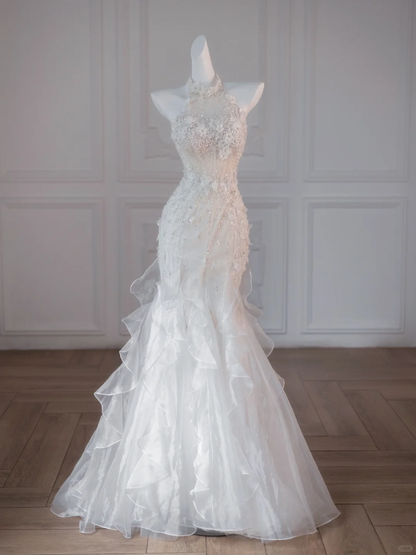 Pretty Wedding Dress Mermaid High Neck White Tulle Long Wedding Dresses Bridal Gowns DP1856