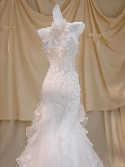 Pretty Wedding Dress Mermaid High Neck White Tulle Long Wedding Dresses Bridal Gowns DP1856