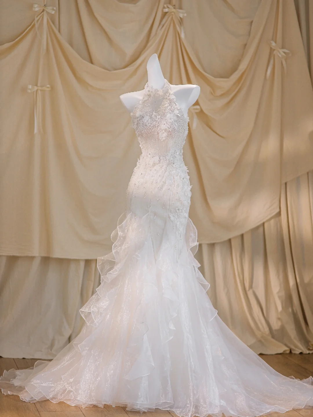 Pretty Wedding Dress Mermaid High Neck White Tulle Long Wedding Dresses Bridal Gowns DP1856
