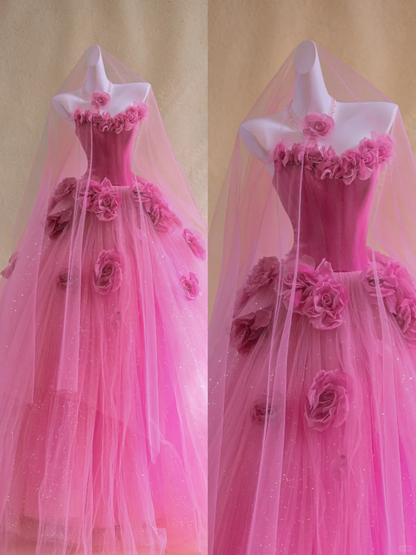 Gorgeous Ball Gown Strapless Hot Pink Floral Tulle Long Prom Dress Party Dress Graduation Dresses DP1870