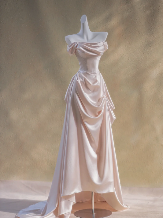 Sexy A line Off The Shoulder Pink Satin Prom Dresses Formal Summer Wedding Guest Dresses Wedding Guest Outfits DP1954