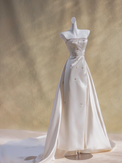 Modest Wedding Dress Sheath Strapless Satin Beads Long Summer Wedding Dresses Bridal Gowns DP1960