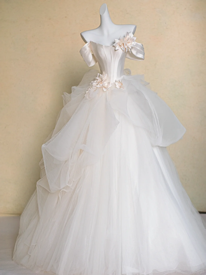 Modest Wedding Dress Ball Gown Off The Shoulder White Satin Long Wedding Dresses Brides Dress Bridal Gowns DP1978