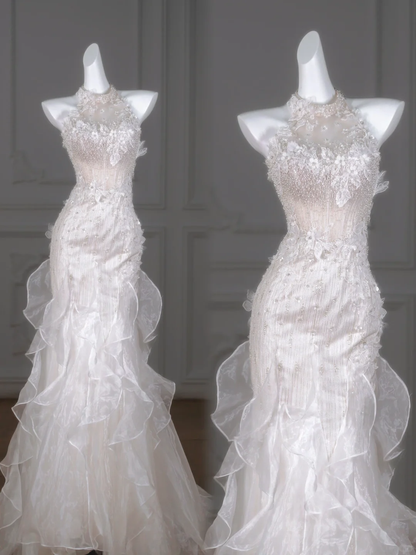 Rustic Wedding Dress Mermaid High Neck White Lace Tulle Long Wedding Dresses Bridal Gowns DP2019