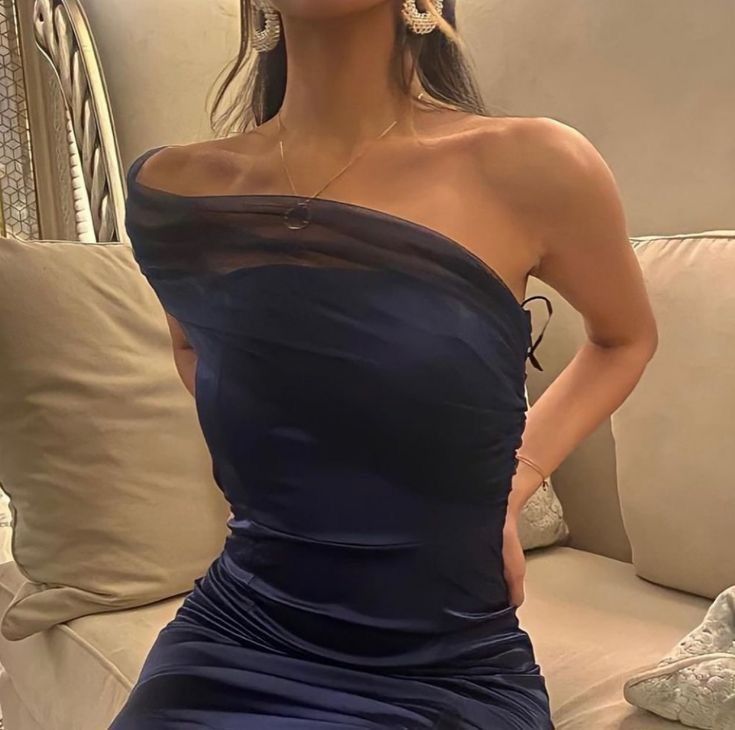 Elegant Sheath One Shoulder Navy Blue Slit Satin Prom Dresses Formal Summer Wedding Guest Dresses Wedding Guest Outfits DP2154
