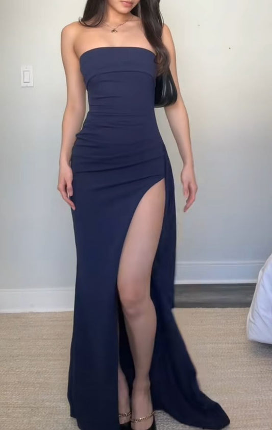 Pretty Mermaid Strapless Navy Blue Slit Evening Dresses Formal Summer Wedding Guest Dresses Wedding Guest Outfits DP2152