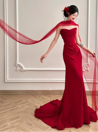 Pretty Mermaid Strapless Burgundy Satin Prom Dresses Formal Summer Wedding Guest Dresses Wedding Guest Outfits With Scarf DP2260