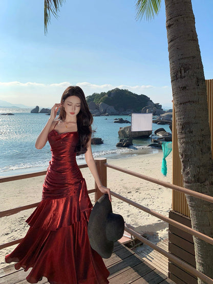 Elegant Mermaid Spaghetti Straps Sleeveless Burgundy Long Evening Dress Prom Dresses DP228
