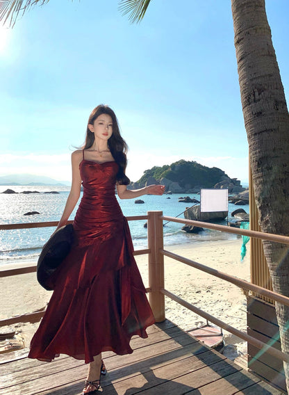 Elegant Mermaid Spaghetti Straps Sleeveless Burgundy Long Evening Dress Prom Dresses DP228