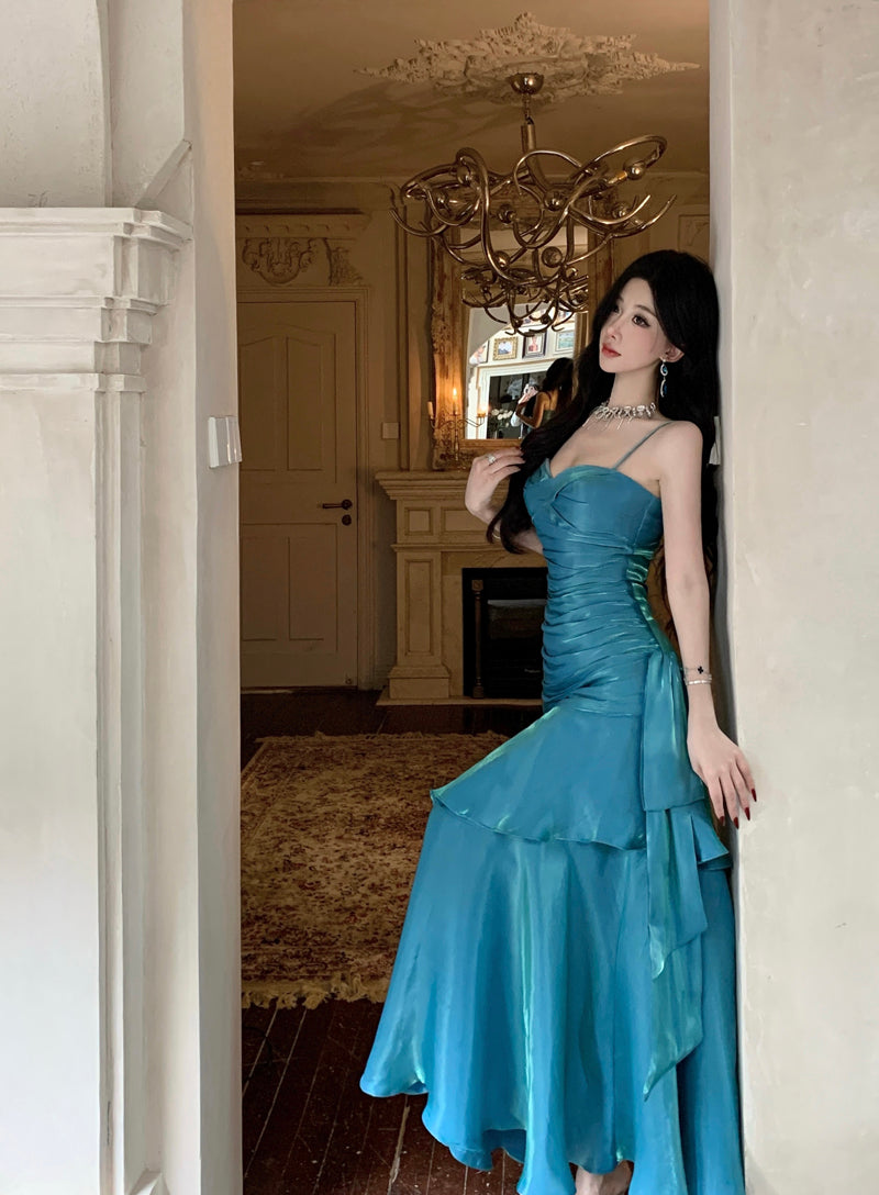 Pretty Mermaid Spaghetti Straps Sleeveless Blue Prom Gown Long Evening Dress Prom Dresses DP229