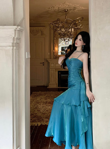 Pretty Mermaid Spaghetti Straps Sleeveless Blue Prom Gown Long Evening Dress Prom Dresses DP229