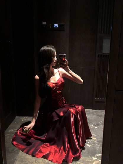 Elegant Mermaid Spaghetti Straps Sleeveless Wine Red Long Evening Dress Prom Dresses DP230