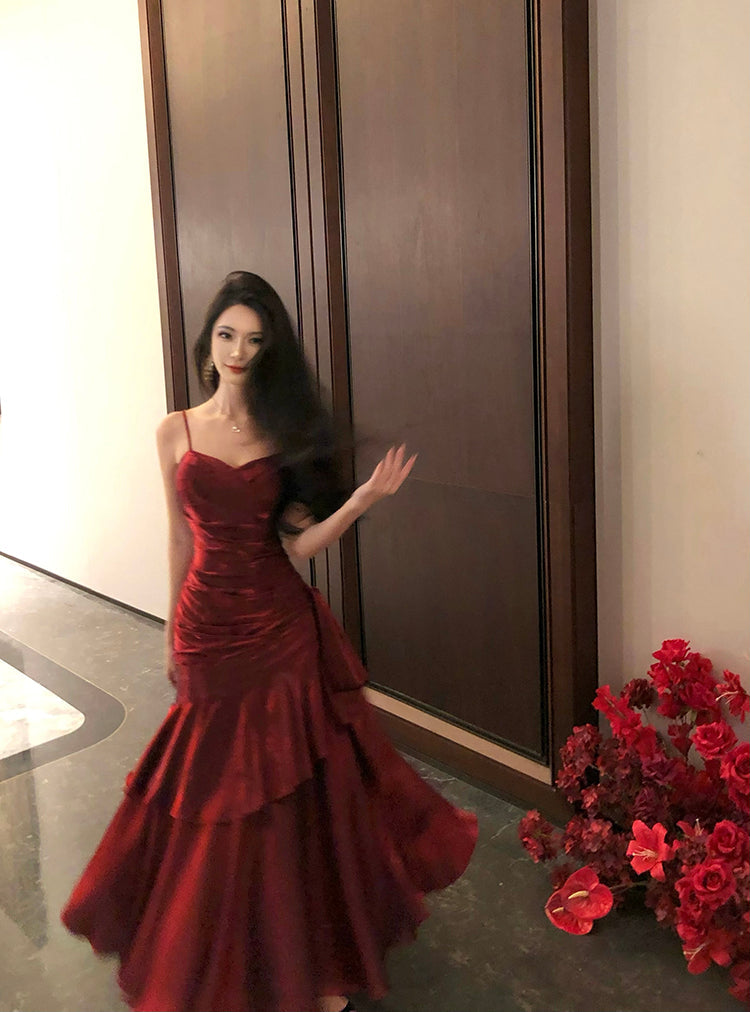 Elegant Mermaid Spaghetti Straps Sleeveless Wine Red Long Evening Dress Prom Dresses DP230