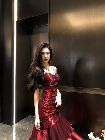 Elegant Mermaid Spaghetti Straps Sleeveless Wine Red Long Evening Dress Prom Dresses DP230