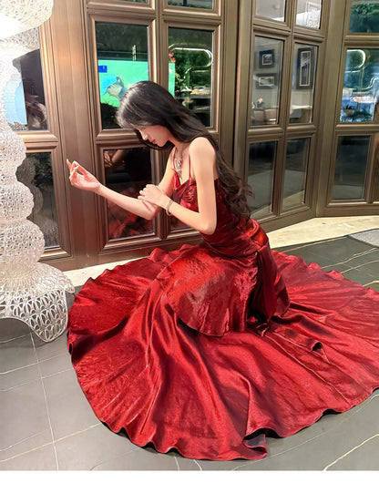 Elegant Mermaid Spaghetti Straps Sleeveless Maroon Prom Gown Long Evening Dress Prom Dresses DP232