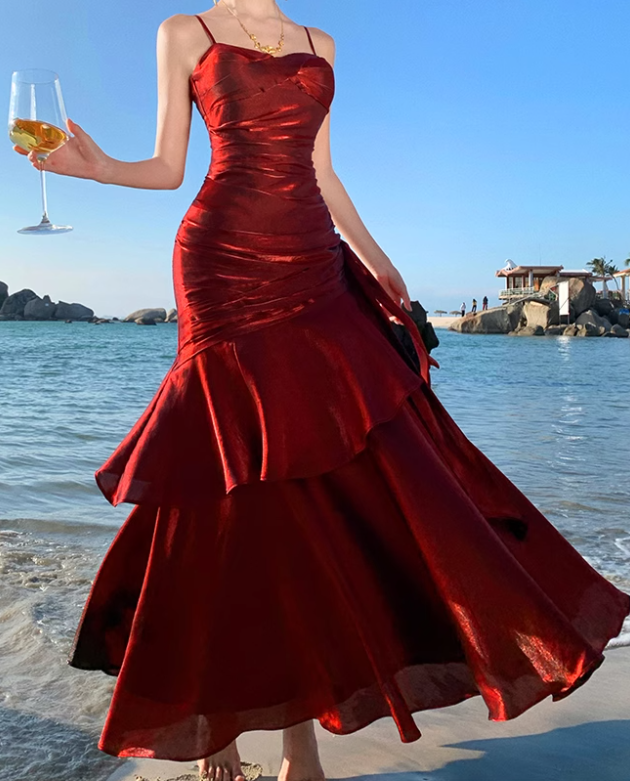 Modest Mermaid Spaghetti Straps Sleeveless Maroon Red Long Evening Dress Prom Dresses DP233