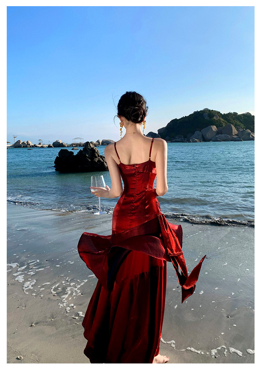 Modest Mermaid Spaghetti Straps Sleeveless Maroon Red Long Evening Dress Prom Dresses DP233
