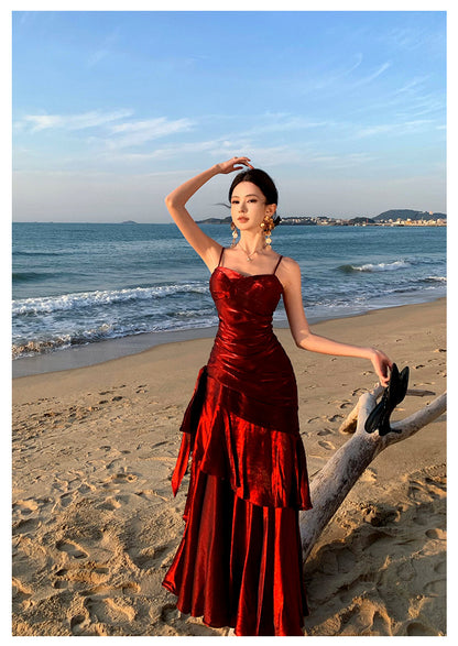 Modest Mermaid Spaghetti Straps Sleeveless Maroon Red Long Evening Dress Prom Dresses DP233