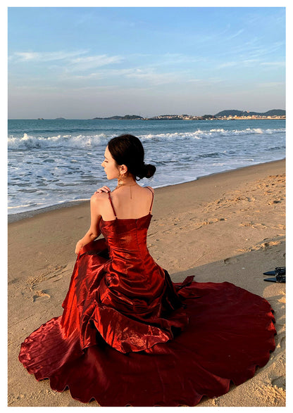 Modest Mermaid Spaghetti Straps Sleeveless Maroon Red Long Evening Dress Prom Dresses DP233