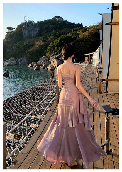 Pretty Mermaid Spaghetti Straps Sleeveless Pink Prom Gown Long Evening Dress Prom Dresses DP234