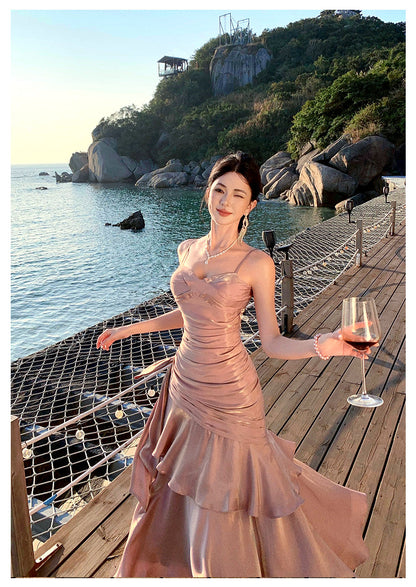 Pretty Mermaid Spaghetti Straps Sleeveless Pink Prom Gown Long Evening Dress Prom Dresses DP234