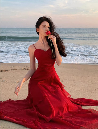 Modest Mermaid Spaghetti Straps Sleeveless Red Long Evening Dress Prom Dresses DP236