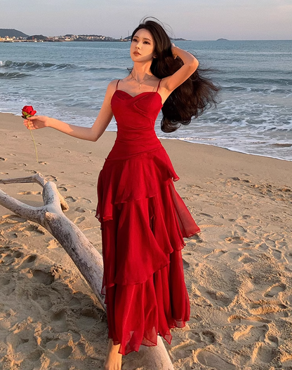 Modest Mermaid Spaghetti Straps Sleeveless Red Long Evening Dress Prom Dresses DP236