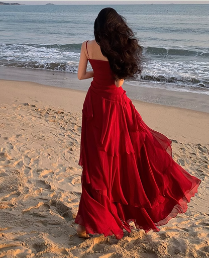 Modest Mermaid Spaghetti Straps Sleeveless Red Long Evening Dress Prom Dresses DP236