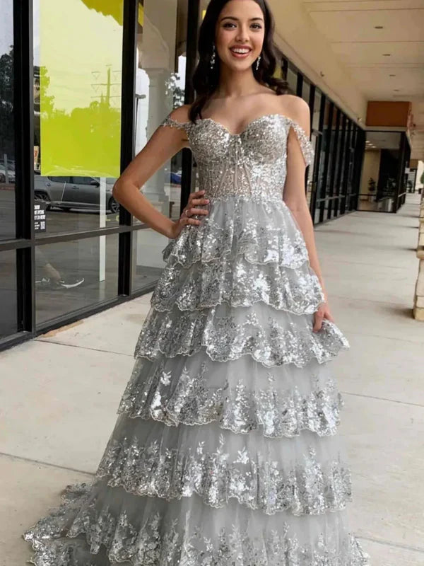 Chic Glitter Ball Gown Hot Pink Corset Off the Shoulder Lace Long Prom Dress Evening Dresses DP252